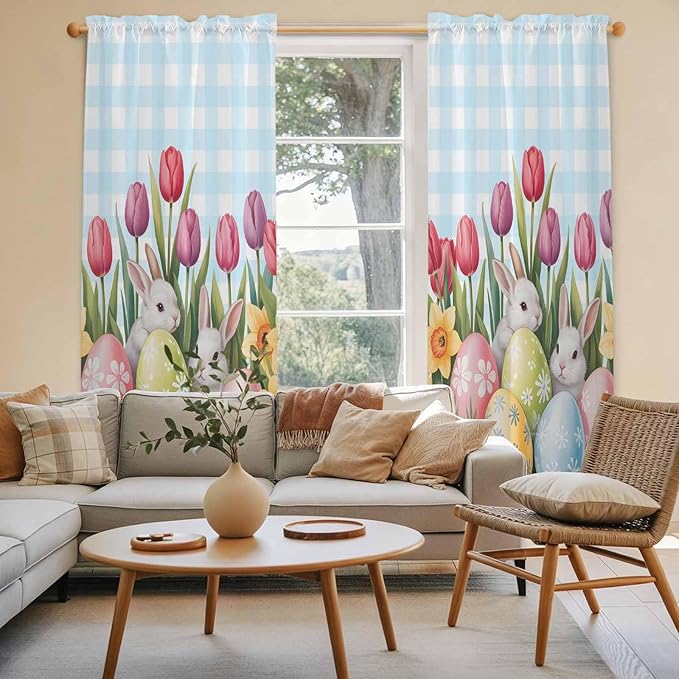 Easter Window Curtains 72 Inch Long 2 Panel Set,Rod Pocket Long Curtains & Drapes,Spring Bunny Colorful Eggs Tulip Flowers Blue Check Light Filtering Window Treatment for Bedroom 52"W x 72"L