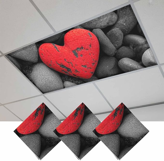 Fluorescent Light Covers for Ceiling Lights Love Heart Stone Magnetic Light Filters 3 Pack 4x2 ft Black Red Ceiling Lights Cover for Classroom Office School Home Drop Lamp Decor