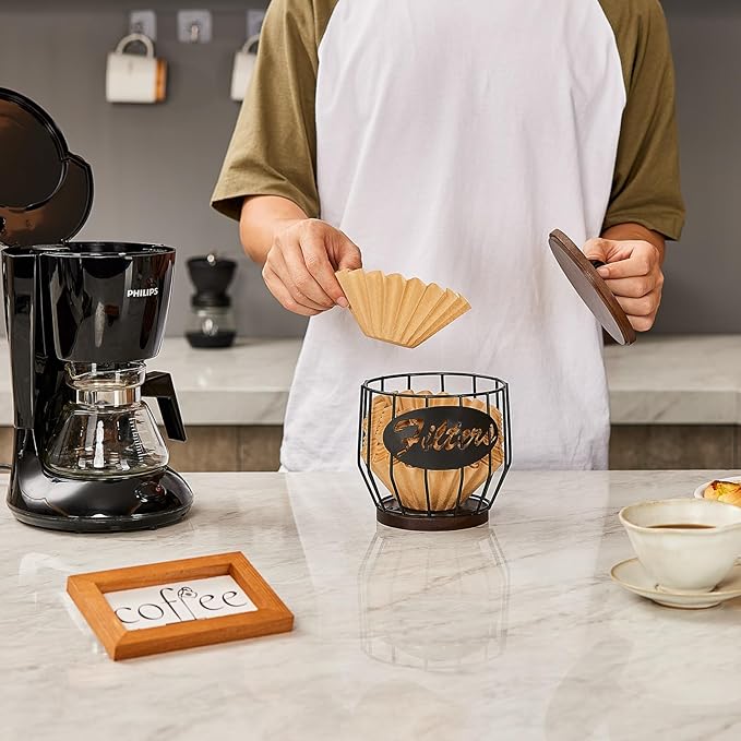 Yangbaga Coffee Filter Holder with Wood Lid,Wood and Metal Coffee Filter Storage Container Basket for Coffee Filters 2-4 Cup,Round Coffee Filter Holder Case for Counter,Coffee Bar Accessories decor