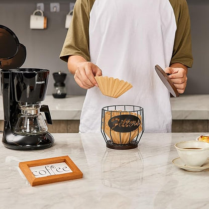 Yangbaga Coffee Filter Holder with Wood Lid,Wood and Metal Coffee Filter Storage Container Basket for Coffee Filters 2-4 Cup,Round Coffee Filter Holder Case for Counter,Coffee Bar Accessories decor