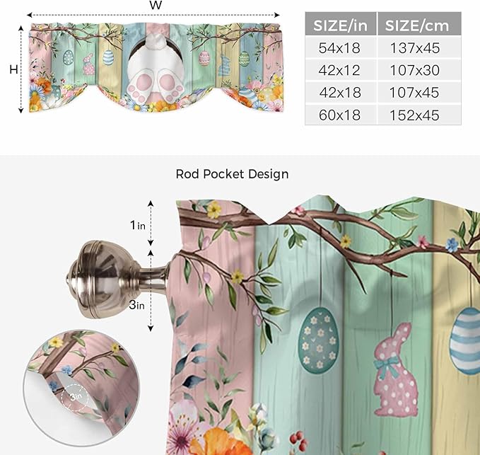 Easter Tie Up Valance Curtains for Windows, Kitchen Curtains Window Shades, Spring Colorful Bunny Eggs Flower Wood Grain Light Filtering Roman Curtain Valances for Bedroom/Bathroom/Cafe 60"x18"