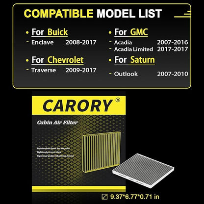 Cabin Air Filter w/Activated Carbon for 2008-2017 Buick Enclave, 2009-2017 Chevy Traverse, 2007-2016 GMC Acadia, 2017 GMC Acadia Limited, 2007-2010 Saturn Outlook, CF11663, 20958479