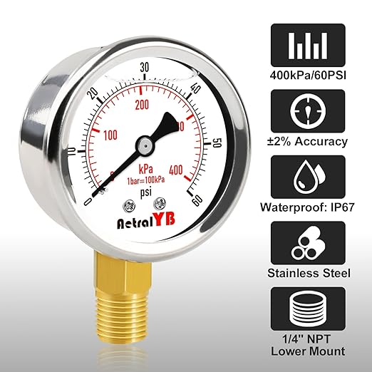 0-60 Psi Glycerin-Filled Pressure Gauge, 2-Inch Gauge, Stainless Steel, 1/4" NPT Lower Mount,400kPa Pressure Gauge for Pool Pump, Sand Filter, Air Compressor, and Well Water Systems