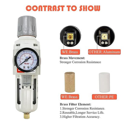 RIH 3/8"NPT Air Filter Pressure Regulator Combo Piggyback, 5 Micron Brass Element, Poly Bowl, Semi-Auto Drain, Metal Bracket, 0-150 psi Gauge Air Tool Compressor Filter with Gauge (3/8"NPT)
