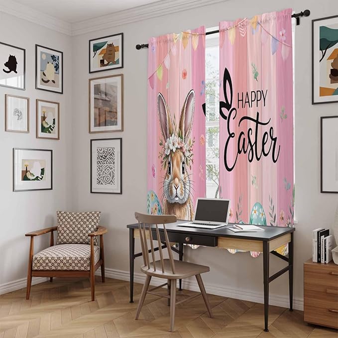 Easter Kitchen Curtains, Spring Rabbit Eggs Flowers Flags Leaves Wood Grain Light Filtering Window Curtain Panels, 2Pcs Rod Pocket Window Treatments Set for Living Room Bathroom Bedroom 52x72 Inches