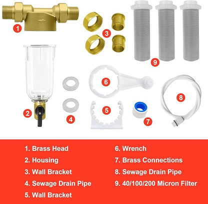 Spin Down Sediment Filter, Inline Water Filter for Home Well Water, 40/100/200 Micron Whole House Prefilter Filtration System, 1" MNPT + 3/4" FNPT + 3/4"MNPT, Lead-Free Brass