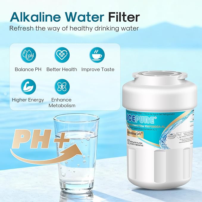 ICEPURE Alkaline RWF0600A-AL Refrigerator Water Filter Replacement for GE MWF, MWFA, MWFINT, MWFP, GWF, 46-9991, Kenmore® 9991, WFC1201, GSE25GSHECSS, GSH25JSDDSS, GSHS6LGBBHSS, Enhances PH, 3Pack
