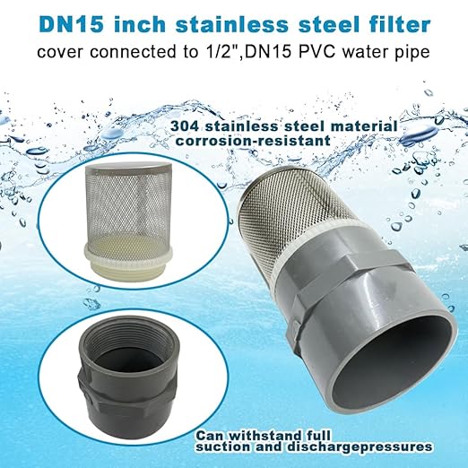 DN15 inch stainless steel filter cover connected to 1/2" grey pvc filter DN15 water pipe, suction hose strainer used to remove debris and reduce solid entry(1pcs)