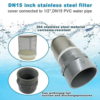 DN15 inch stainless steel filter cover connected to 1/2" grey pvc filter DN15 water pipe, suction hose strainer used to remove debris and reduce solid entry(1pcs)