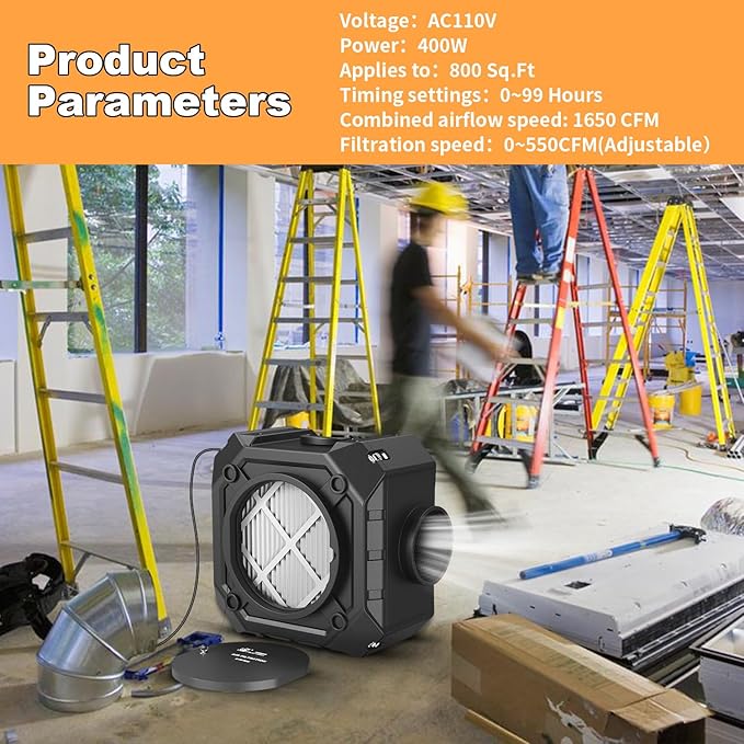 M-T Air Scrubber with 3 Stage Filtration, Stackable Negative Air Machine Cleaner 550 CFM for Industrial and Commercial Water Damage Restoration Air Scrubber with MERV-10, HEPA, Activated Carbon Filter