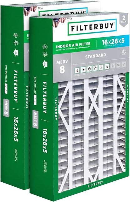 Filterbuy 16x26x5 Air Filter MERV 8 Essential Dust & Allergy Defense (2-Pack), Pleated HVAC AC Furnace Filters for Electro-Air, Emerson, White Rodgers, and More (Actual Size: 16.00 x 25.75 x 4.88)
