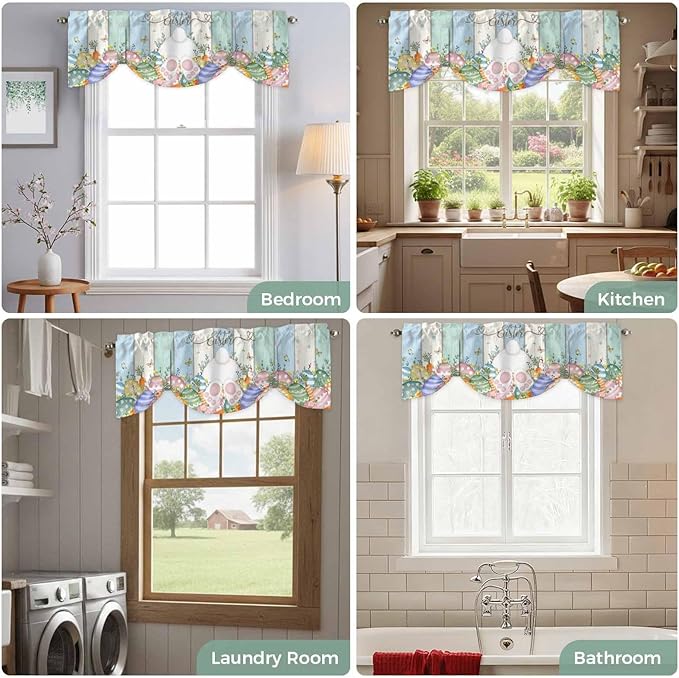 Easter Tie Up Valance Curtains for Windows, Kitchen Curtains Window Shades, Spring Rabbit Ears Foot Flowers Eggs Green Wooden Light Filtering Roman Curtain Valances for Bedroom/Bathroom/Cafe 42"x12"