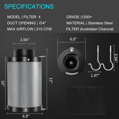 ATOUR 4" Air Carbon Filter with Australian Virgin Charcoal – Superior Odor Control for Grow Tent Smelliniss Scrubber, Inline Fans, Hydroponics. Includes Pre-Filter & Insulated Flange 4"x11"