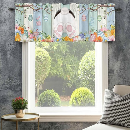 Easter Curtain Valances for Windows, Kitchen Valance Window Treatment, Spring Watercolor Bunny Eggs Wood Grain Teal Blue Light Filtering Block Curtains for Bathroom/Bedroom/Living Room 54'' x 18''