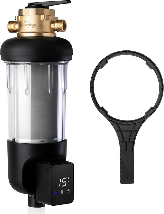 iSpring WSP50ARJ-BP Whole House Prefilter, Spin-Down Sediment Water Filter with Bypass, Upgraded Clear Housing, Jumbo Size, Flushable and Reusable, Touch-Screen Auto Flushing, 4 Modes, 50 Microns