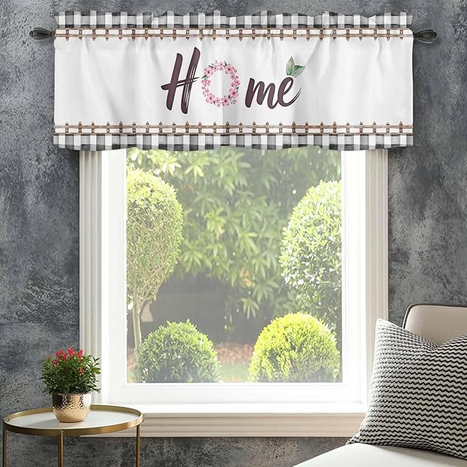 Spring Flowers Curtain Valances for Windows, Kitchen Valance Window Treatment, Watercolor Floral Leaf Black Plaid Light Filtering Block Curtains for Bathroom/Bedroom/Living Room 42'' x 18''