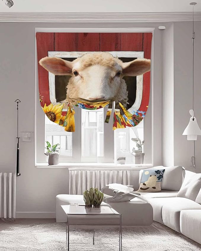 Tie Up Curtains for Windows, Sheep Sunflower Adjustable Balloon Nature Linen Textured Kitchen Curtain, Country Red Farm Barn Spring Flowers Tie Up Blackout Curtains for Bedroom, 52 x 63 Inches