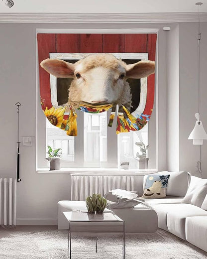 Tie Up Curtains for Windows, Sheep Sunflower Adjustable Balloon Nature Linen Textured Kitchen Curtain, Country Red Farm Barn Spring Flowers Tie Up Blackout Curtains for Bedroom, 52 x 63 Inches
