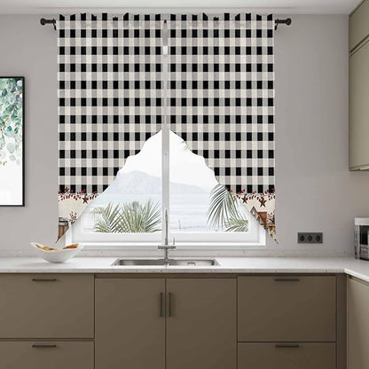 Swag Curtain Valances for Kitchen Windows,Farm Wooden House Black Buffalo Plaid Short Rod Pocket Window Valance,Western Star Swag Topper for Bedroom Living Room,2 Panels 36x63in