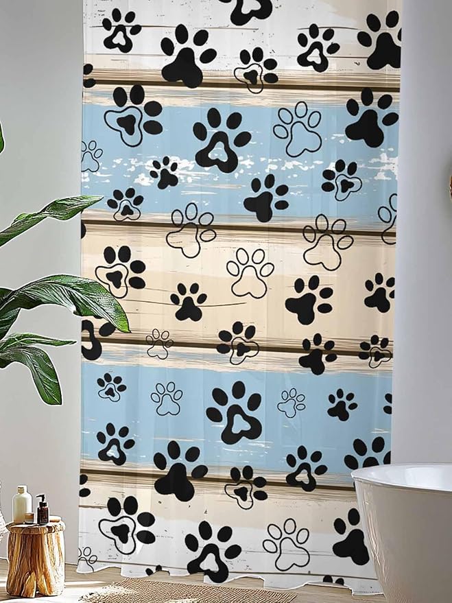 Sheer Curtains 96 Inches Long, Blue Beige Paw Print Semi Sheer Curtains Light Filtering Window Treatment, Vintage Farmhouse Rustic Wooden Grain Privacy Voile Drapes for Living Room Bedroom 52x96 Inch