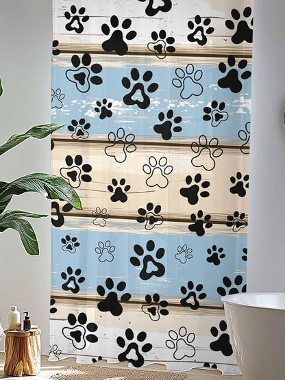 Sheer Curtains 96 Inches Long, Blue Beige Paw Print Semi Sheer Curtains Light Filtering Window Treatment, Vintage Farmhouse Rustic Wooden Grain Privacy Voile Drapes for Living Room Bedroom 52x96 Inch