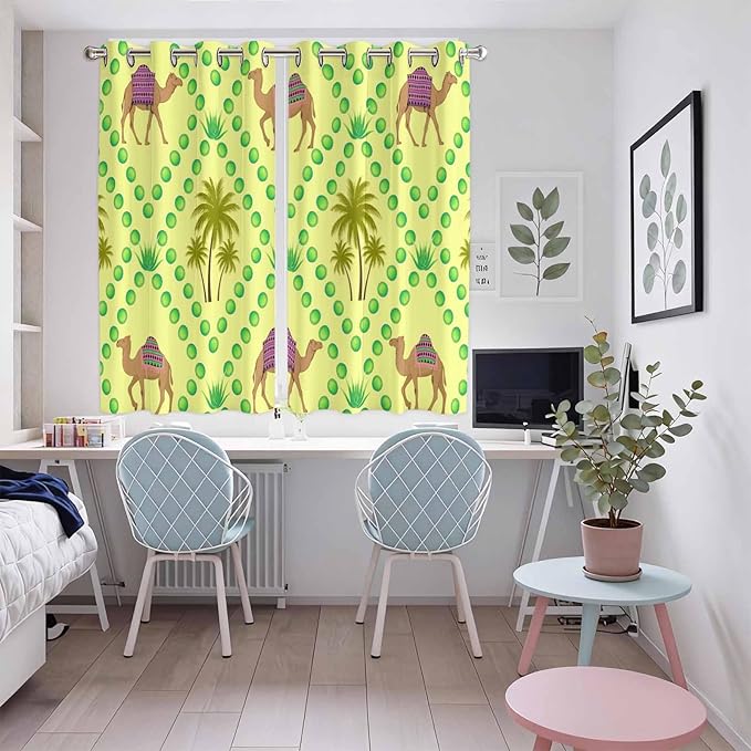 2 Panel Kitchen Cafe Curtains, Desert Sand Camels Sunlight Filtering Nature Air Through, Window Decor Tier Curtains for Living Room 104W x 72L inch Palm Trees Tropical Plants Polka Dot Yellow