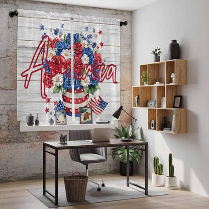Independence Day Window Curtains 63 Inch Long 2 Panel Set, Rod Pocket Bedroom Curtains & Drapes, 4 of July Rose Wooden Grain Vintage Light Filtering Window Treatment for Living Room 42"W x 63"L