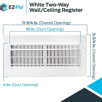 EZ-FLO 10 x 4 Inch (Duct Opening) Air Vent Cover for Wall or Ceiling, Two-Way Ventilation Register, Solid Steel HVAC Register Cover, White, 61609 (Pack of 2)