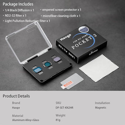 Haoge Magnetic Filter Set for DJI Osmo Pocket 3,Includes 1/4 Black Mist Filter,Light Pullution Reduction Filter,Variable ND 2-32,and LCD Screen Protector,Multi-Coated HD Optical Glass