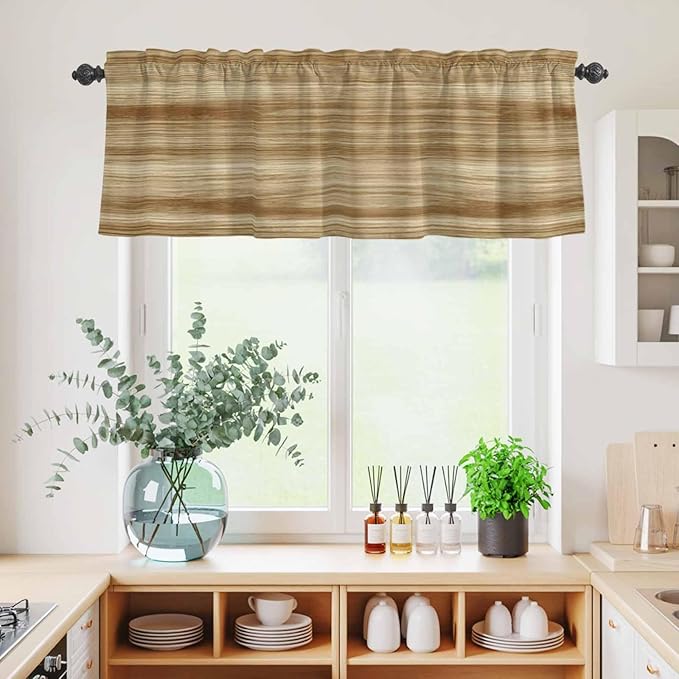 Kitchen Curtains Tiers and Valance Set of 3, Light Brown Wood Grain Light Filtering Window Curtain Set, Western Farmhouse Barn Door Rod Pocket Curtain Drapes for Cafe, Living Room, 36 Inches Tiers