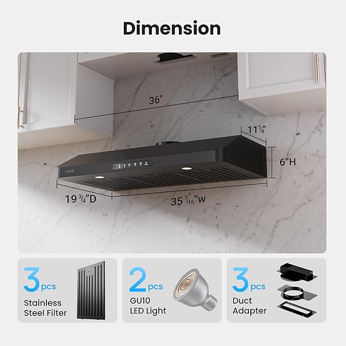 36 inch Black Undercabinet Range Hood, 980CFM Kitchen Range Hood with 3-Speeds Gesture Sensing & Touch, Stainless Steel Kitchen Vent Hood with Permanent Baffle Filters, Top and Rear Vents