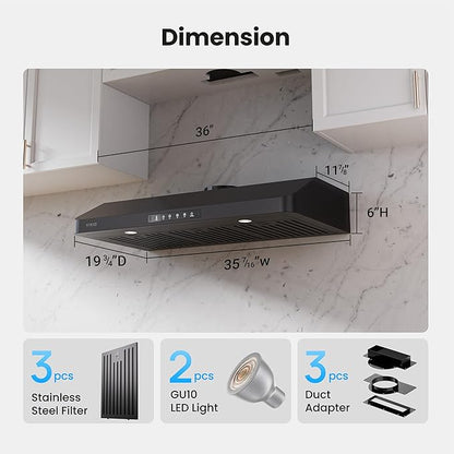 36 inch Black Undercabinet Range Hood, 980CFM Kitchen Range Hood with 3-Speeds Gesture Sensing & Touch, Stainless Steel Kitchen Vent Hood with Permanent Baffle Filters, Top and Rear Vents