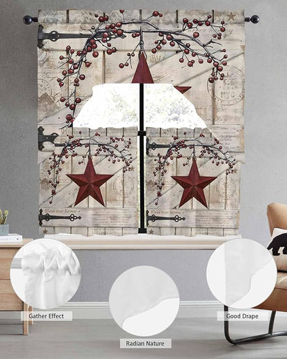 Village Stars Swag Kitchen Curtains Valance and Tier Set, Vintage Dark Red Star Berry Beige Barn Doors Light-Filtering Swag Valance 24 Inch Length, Rod Pocket Short Curtain for Bedroom Cafe