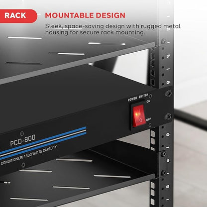 Pyle 1800W 8-Outlet Rack Mount Power Conditioner - 15 Amp Surge Protector with Noise Suppression - Rear Outlet for Multi Appliances - Triple Mode Protection - AC Power - for Home & Computer - PCO800