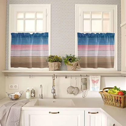Blue Pink Brown Gradient Wood Grain Window Valance Curtains, Vintage Wood Board Light Filtering Kitchen Valance with 3-inch Rod Pocket for Living Room Bathroom Bedroom,2 Panel,27.5x24In