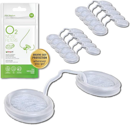 O2 Nose Filters with 3M Filtration - Nasal Screens for Allergies, Dust & Smoke - Drug-Free & Latex-Free Nose Filters - Invisible Allergy Protection (Medium x 10)