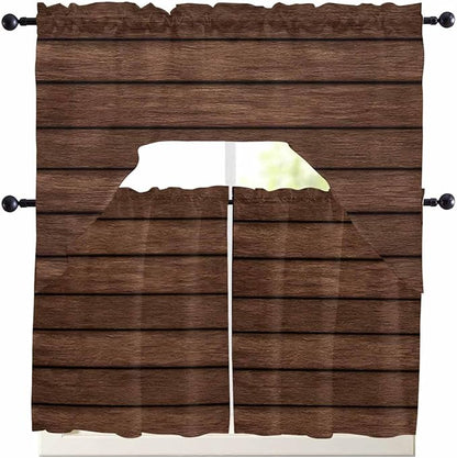 Brown Wooden Board Swag Kitchen Curtains Valance and Tier Set, Vintage Wood Grain Farmhouse Barn Themes Light-Filtering Swag Valance 36 Inch Length, Rod Pocket Short Curtain for Bedroom Cafe