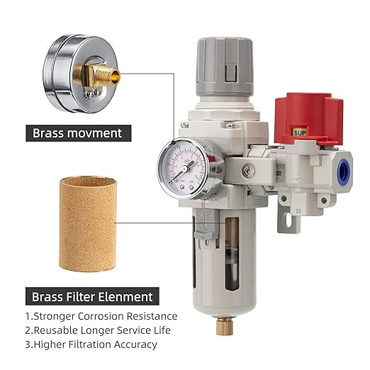Industrial Air Compressor Filter Regulator Combo 3/8" NPT 0-150 PSI Gauge,Semi-Auto Drain,Pressure relief 3 port valve,5 Micron Water Separator for Pneumatic Tools