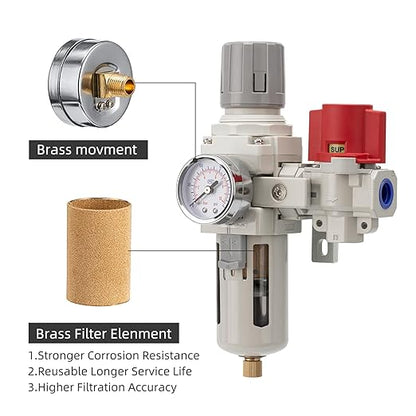 Industrial Air Compressor Filter Regulator Combo 3/8" NPT 0-150 PSI Gauge,Semi-Auto Drain,Pressure relief 3 port valve,5 Micron Water Separator for Pneumatic Tools