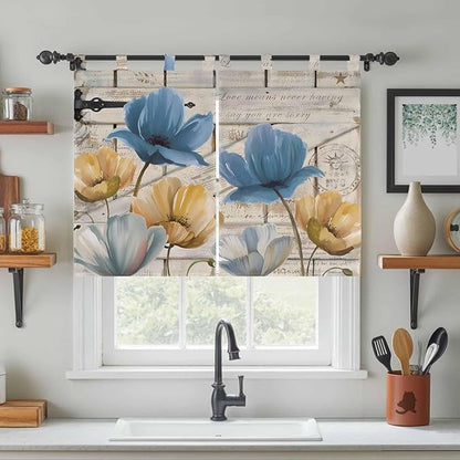Blue Yellow Tulips Bedroom Curtains 63 Inch Length, Window Curtains Tab Top, Retro Farmhouse Flower Barn Doors Wooden Light Filtering Window Treatments Drapes 42"x63" 2 Panel