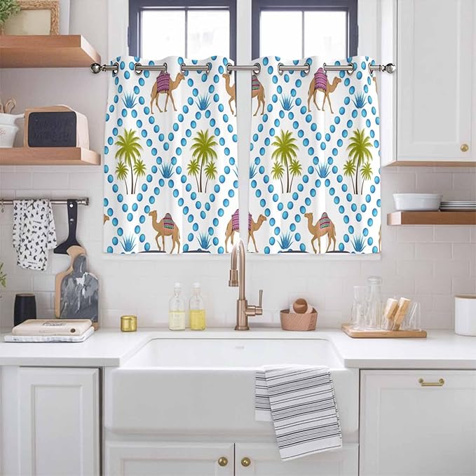 2 Panel Kitchen Cafe Curtains, Camels Palm Trees Sunlight Filtering Nature Air Through, Home Decor Window Covering Tier Curtains for Bedroom Living Room Tropical Desert Animal Plants Polka Dot