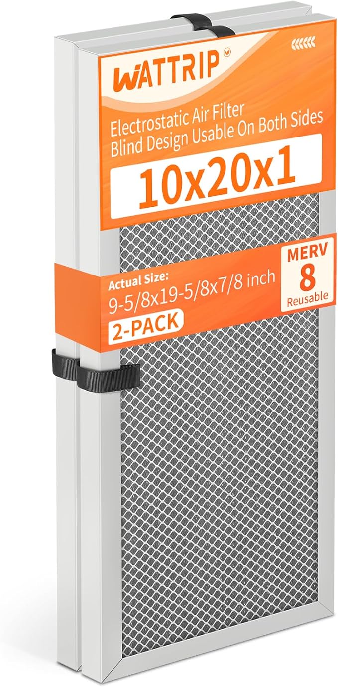 2-Pack 10x20x1 MERV 8 Reusable & Washable Electrostatic Air Filters - Long-Lasting Filter for HVAC, Furnace & Air Conditioner Units, Actual Size: 9-5/8” x 19-5/8” x 7/8”