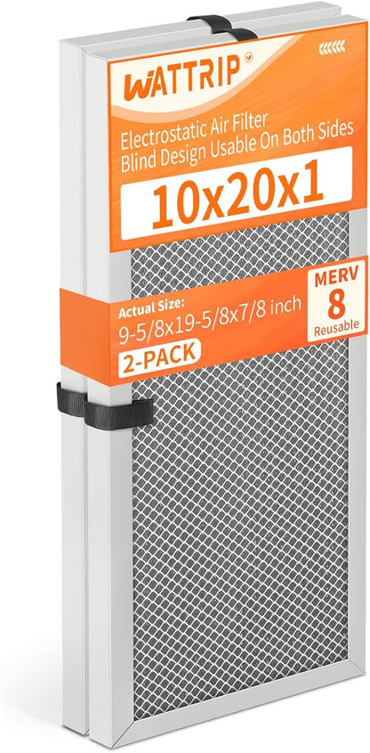2-Pack 10x20x1 MERV 8 Reusable & Washable Electrostatic Air Filters - Long-Lasting Filter for HVAC, Furnace & Air Conditioner Units, Actual Size: 9-5/8” x 19-5/8” x 7/8”