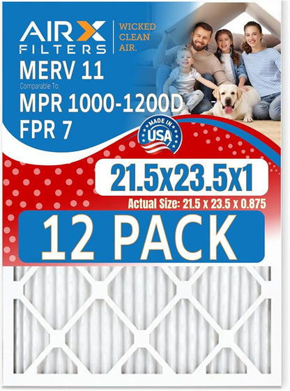 21.5x23.5x1 Air Filter MERV 11 Rating, 12 Pack of Furnace Filters Comparable to MPR 1000, MPR 1200 & FPR 7 - Made in USA by AIRX FILTERS WICKED CLEAN AIR.