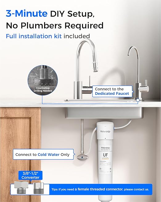 Waterdrop 15UBW-UF 0.01 μm Ultra Filtration Under Sink Water Filter System, Reduces Lead, Chlorine, Bad Taste & Odor, 2 Years, with Dedicated Brushed Nickel Faucet, USA Tech