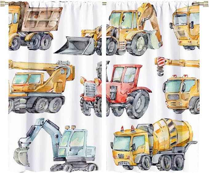 Kids Excavator Curtains, Retro Truck Tractor Machinery Construction Vehicle Crane Digger Mixer Rod Pocket Decorative Windows Curtain for Teens Girls Boys Room 72x63in (30% Blackout)