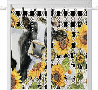 Retro Sunflowers Living Room Curtains 84 Inch Length, Window Curtains Tab Top, Farmhouse Floral Cow Butterfly Black Plaid Light Filtering Window Treatments Drapes 42"x84" 2 Panel