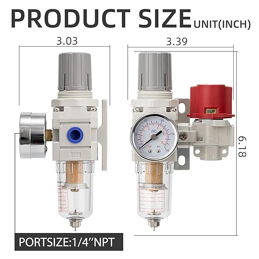 Pneumatic Air Compressor Filter Regulator Combo 1/4" NPT 0-150 PSI,Pressure relief 3 port valve,Manual Drain,5 Micron Brass Element