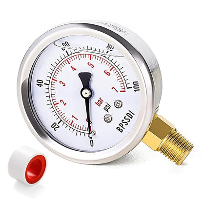 0-100 Psi Glycerin Liquid Filled Low Pressure Gauge, 2.5" Dial Size, 1/4" NPT Lower Mount, 304 Stainless Steel Case, for Water Pump, Pneumatic Air, RV Hose, Gas Pressure Test