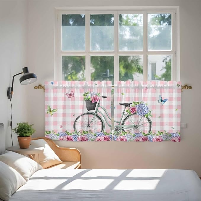 Spring Tier Curtains, Bicycles Leaves Butterfly Flowers Pink Buffalo Plaid Light Filtering Kitchen Curtains, 2Pcs Rod Pocket Half Window Treatments Panels for Sink Cafe Cabinet Camper 27.5x24 Inches